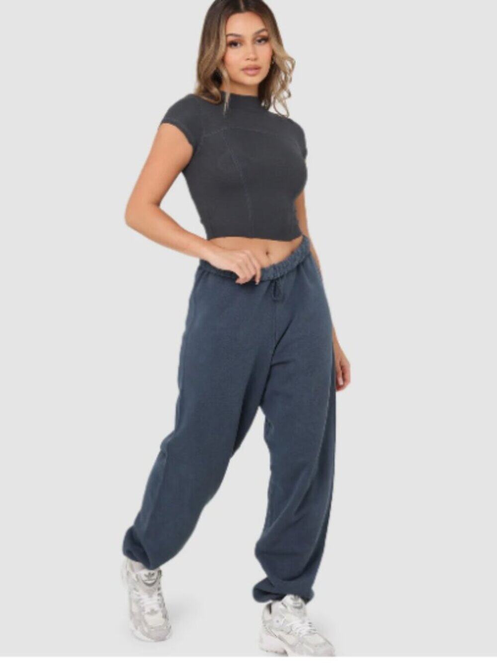 New Joah Brown Contrast Stitch Crop T-Shirt Vintage Navy (Charcoal) Sz M/L